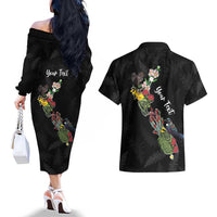 Kia Ora New Zealand Floral Personalized Couples Matching Off The Shoulder Long Sleeve Dress and Hawaiian Shirt Black LT7 - Polynesian Pride
