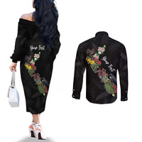 Kia Ora New Zealand Floral Personalized Couples Matching Off The Shoulder Long Sleeve Dress and Long Sleeve Button Shirt Black LT7 - Polynesian Pride