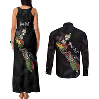 Kia Ora New Zealand Floral Personalized Couples Matching Tank Maxi Dress and Long Sleeve Button Shirt Black LT7 - Polynesian Pride