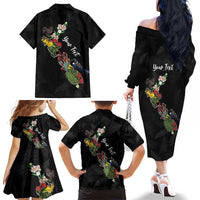 Kia Ora New Zealand Floral Personalized Family Matching Off The Shoulder Long Sleeve Dress and Hawaiian Shirt Black LT7 - Polynesian Pride