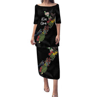 Kia Ora New Zealand Floral Personalized Family Matching Puletasi and Hawaiian Shirt Black LT7 Mom's Dress Black - Polynesian Pride