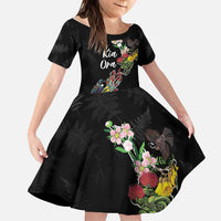 Kia Ora New Zealand Floral Personalized Family Matching Short Sleeve Bodycon Dress and Hawaiian Shirt Black LT7 Daughter's Dress Black - Polynesian Pride