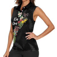 Kia Ora New Zealand Floral Personalized Women Sleeveless Polo Shirt Black LT7 - Polynesian Pride