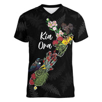Kia Ora New Zealand Floral Personalized Women V-Neck T-Shirt Black LT7 Female Black - Polynesian Pride