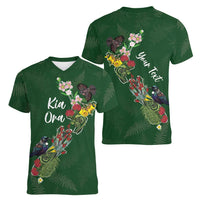 Kia Ora New Zealand Floral Personalized Women V-Neck T-Shirt Sage Green LT7 - Polynesian Pride