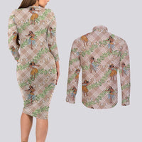 Beige Palaka Hula Girls Seamless Hawaii Aloha Couples Matching Long Sleeve Bodycon Dress and Long Sleeve Button Shirt LT7 - Polynesian Pride