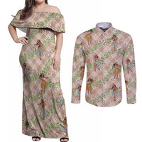 Beige Palaka Hula Girls Seamless Hawaii Aloha Couples Matching Off Shoulder Maxi Dress and Long Sleeve Button Shirt LT7 Beige - Polynesian Pride
