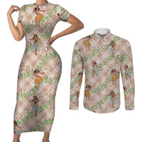 Beige Palaka Hula Girls Seamless Hawaii Aloha Couples Matching Short Sleeve Bodycon Dress and Long Sleeve Button Shirt LT7 Beige - Polynesian Pride