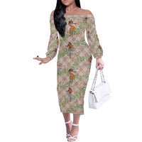 Beige Palaka Hula Girls Seamless Hawaii Aloha Family Matching Off The Shoulder Long Sleeve Dress and Hawaiian Shirt LT7 Mom's Dress Beige - Polynesian Pride
