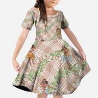 Beige Palaka Hula Girls Seamless Hawaii Aloha Family Matching Off Shoulder Maxi Dress and Hawaiian Shirt LT7 Daughter's Dress Beige - Polynesian Pride