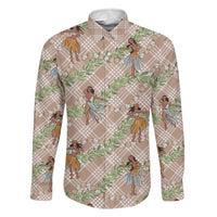 Beige Palaka Hula Girls Seamless Hawaii Aloha Family Matching Off Shoulder Short Dress and Hawaiian Shirt LT7 Dad's Shirt - Long Sleeve Beige - Polynesian Pride