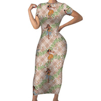 Beige Palaka Hula Girls Seamless Hawaii Aloha Family Matching Short Sleeve Bodycon Dress and Hawaiian Shirt LT7 Mom's Dress Beige - Polynesian Pride