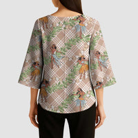 Beige Palaka Hula Girls Seamless Hawaii Aloha Kimono Sleeve Blouse - Polynesian Pride