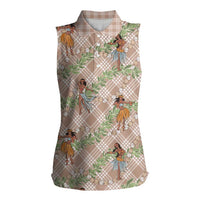 Beige Palaka Hula Girls Seamless Hawaii Aloha Women Sleeveless Polo Shirt LT7 Female Beige - Polynesian Pride