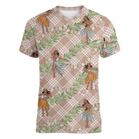 Beige Palaka Hula Girls Seamless Hawaii Aloha Women V-Neck T-Shirt LT7 Female Beige - Polynesian Pride