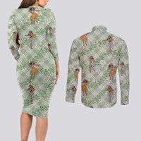 Mint Palaka Hula Girls Seamless Hawaii Aloha Couples Matching Long Sleeve Bodycon Dress and Long Sleeve Button Shirt LT7 - Polynesian Pride
