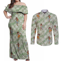 Mint Palaka Hula Girls Seamless Hawaii Aloha Couples Matching Off Shoulder Maxi Dress and Long Sleeve Button Shirt LT7 Mint - Polynesian Pride