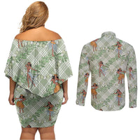 Mint Palaka Hula Girls Seamless Hawaii Aloha Couples Matching Off Shoulder Short Dress and Long Sleeve Button Shirt LT7 - Polynesian Pride