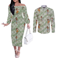 Mint Palaka Hula Girls Seamless Hawaii Aloha Couples Matching Off The Shoulder Long Sleeve Dress and Long Sleeve Button Shirt LT7 Mint - Polynesian Pride