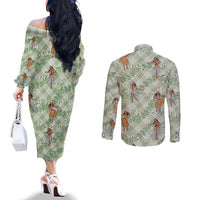 Mint Palaka Hula Girls Seamless Hawaii Aloha Couples Matching Off The Shoulder Long Sleeve Dress and Long Sleeve Button Shirt LT7 - Polynesian Pride