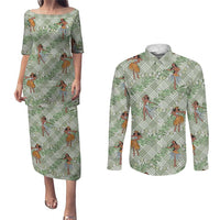 Mint Palaka Hula Girls Seamless Hawaii Aloha Couples Matching Puletasi and Long Sleeve Button Shirt - Polynesian Pride