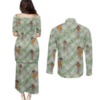 Mint Palaka Hula Girls Seamless Hawaii Aloha Couples Matching Puletasi and Long Sleeve Button Shirt - Polynesian Pride