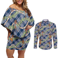 Navy Blue Palaka Hula Girls Seamless Hawaii Aloha Couples Matching Off Shoulder Short Dress and Long Sleeve Button Shirt LT7 Navy Blue - Polynesian Pride