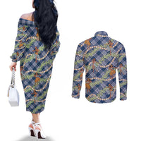 Navy Blue Palaka Hula Girls Seamless Hawaii Aloha Couples Matching Off The Shoulder Long Sleeve Dress and Long Sleeve Button Shirt LT7 - Polynesian Pride
