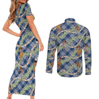 Navy Blue Palaka Hula Girls Seamless Hawaii Aloha Couples Matching Short Sleeve Bodycon Dress and Long Sleeve Button Shirt LT7 - Polynesian Pride