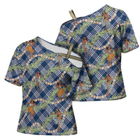 Navy Blue Palaka Hula Girls Seamless Hawaii Aloha Cross Shoulder Shirt - Polynesian Pride