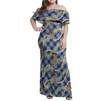 Navy Blue Palaka Hula Girls Seamless Hawaii Aloha Family Matching Off Shoulder Maxi Dress and Hawaiian Shirt LT7 Mom's Dress Navy Blue - Polynesian Pride