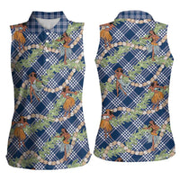 Navy Blue Palaka Hula Girls Seamless Hawaii Aloha Women Sleeveless Polo Shirt LT7 - Polynesian Pride