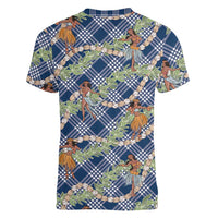 Navy Blue Palaka Hula Girls Seamless Hawaii Aloha Women V-Neck T-Shirt LT7 - Polynesian Pride