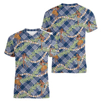 Navy Blue Palaka Hula Girls Seamless Hawaii Aloha Women V-Neck T-Shirt LT7 - Polynesian Pride