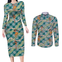 Teal Palaka Hula Girls Seamless Hawaii Aloha Couples Matching Long Sleeve Bodycon Dress and Long Sleeve Button Shirt LT7 Teal - Polynesian Pride