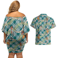 Teal Palaka Hula Girls Seamless Hawaii Aloha Couples Matching Off Shoulder Short Dress and Hawaiian Shirt LT7 - Polynesian Pride