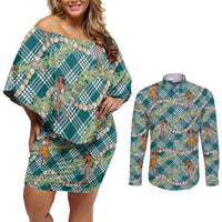 Teal Palaka Hula Girls Seamless Hawaii Aloha Couples Matching Off Shoulder Short Dress and Long Sleeve Button Shirt LT7 Teal - Polynesian Pride