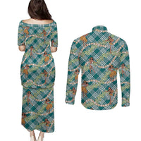 Teal Palaka Hula Girls Seamless Hawaii Aloha Couples Matching Puletasi and Long Sleeve Button Shirt - Polynesian Pride
