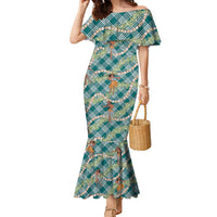 Teal Palaka Hula Girls Seamless Hawaii Aloha Family Matching Mermaid Dress and Hawaiian Shirt LT7 Mom's Dress Teal - Polynesian Pride
