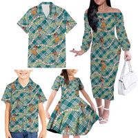 Teal Palaka Hula Girls Seamless Hawaii Aloha Family Matching Off The Shoulder Long Sleeve Dress and Hawaiian Shirt LT7 - Polynesian Pride