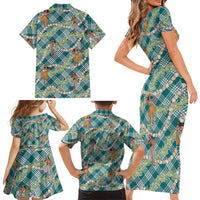 Teal Palaka Hula Girls Seamless Hawaii Aloha Family Matching Short Sleeve Bodycon Dress and Hawaiian Shirt LT7 - Polynesian Pride
