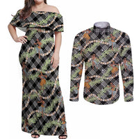 Sable Palaka Hula Girls Seamless Hawaii Aloha Couples Matching Off Shoulder Maxi Dress and Long Sleeve Button Shirt LT7 Black - Polynesian Pride