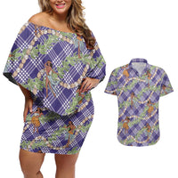Lavender Palaka Hula Girls Seamless Hawaii Aloha Couples Matching Off Shoulder Short Dress and Hawaiian Shirt LT7 Lavender - Polynesian Pride