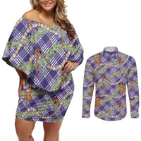Lavender Palaka Hula Girls Seamless Hawaii Aloha Couples Matching Off Shoulder Short Dress and Long Sleeve Button Shirt LT7 Lavender - Polynesian Pride