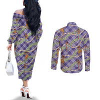 Lavender Palaka Hula Girls Seamless Hawaii Aloha Couples Matching Off The Shoulder Long Sleeve Dress and Long Sleeve Button Shirt LT7 - Polynesian Pride