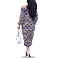 Lavender Palaka Hula Girls Seamless Hawaii Aloha Family Matching Off The Shoulder Long Sleeve Dress and Hawaiian Shirt LT7 - Polynesian Pride