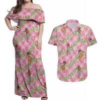 Lokelani Pink Palaka Hula Girls Seamless Hawaii Aloha Couples Matching Off Shoulder Maxi Dress and Hawaiian Shirt LT7 Pink - Polynesian Pride
