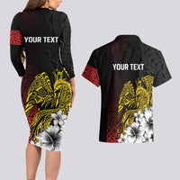 Personalized Papua New Guinea 50th Independence Anniversary Couples Matching Long Sleeve Bodycon Dress and Hawaiian Shirt Oro Tapa Mix Plumeria LT7 - Polynesian Pride