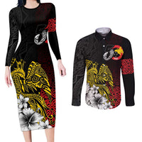 Personalized Papua New Guinea 50th Independence Anniversary Couples Matching Long Sleeve Bodycon Dress and Long Sleeve Button Shirt Oro Tapa Mix Plumeria LT7 Black - Polynesian Pride
