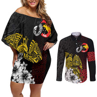 Personalized Papua New Guinea 50th Independence Anniversary Couples Matching Off Shoulder Short Dress and Long Sleeve Button Shirt Oro Tapa Mix Plumeria LT7 Black - Polynesian Pride